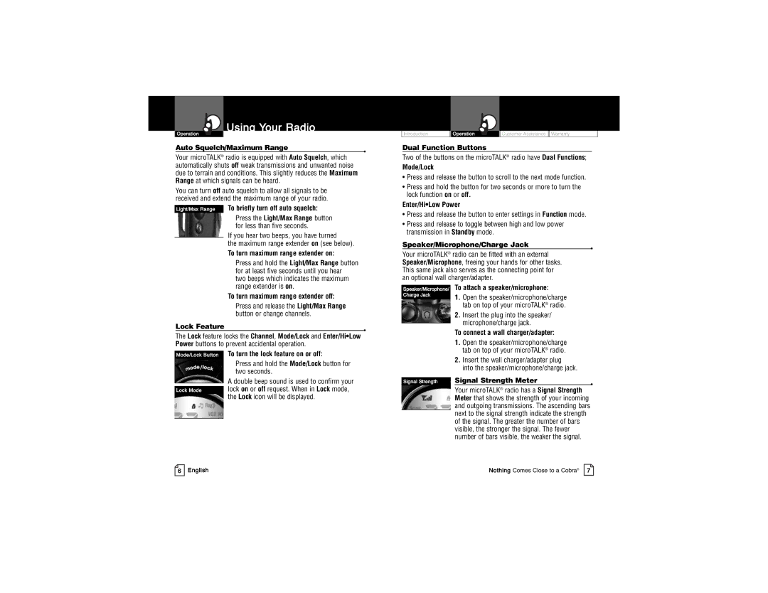 Cobra Electronics PR3850WX Auto Squelch/Maximum Range, Light/Max Range To briefly turn off auto squelch, Lock Feature 