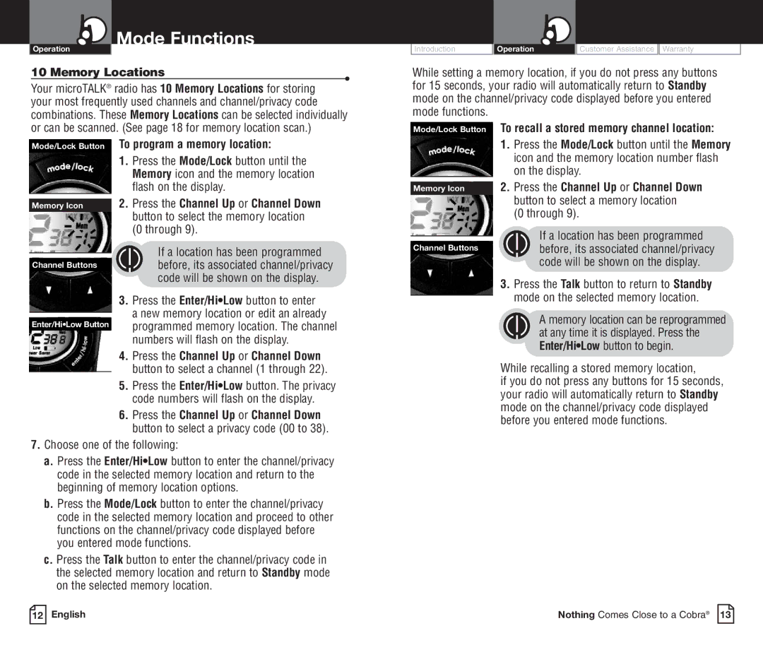 Cobra Electronics PR3850WXC owner manual Memory Locations, Mode/Lock Button To program a memory location, Through 