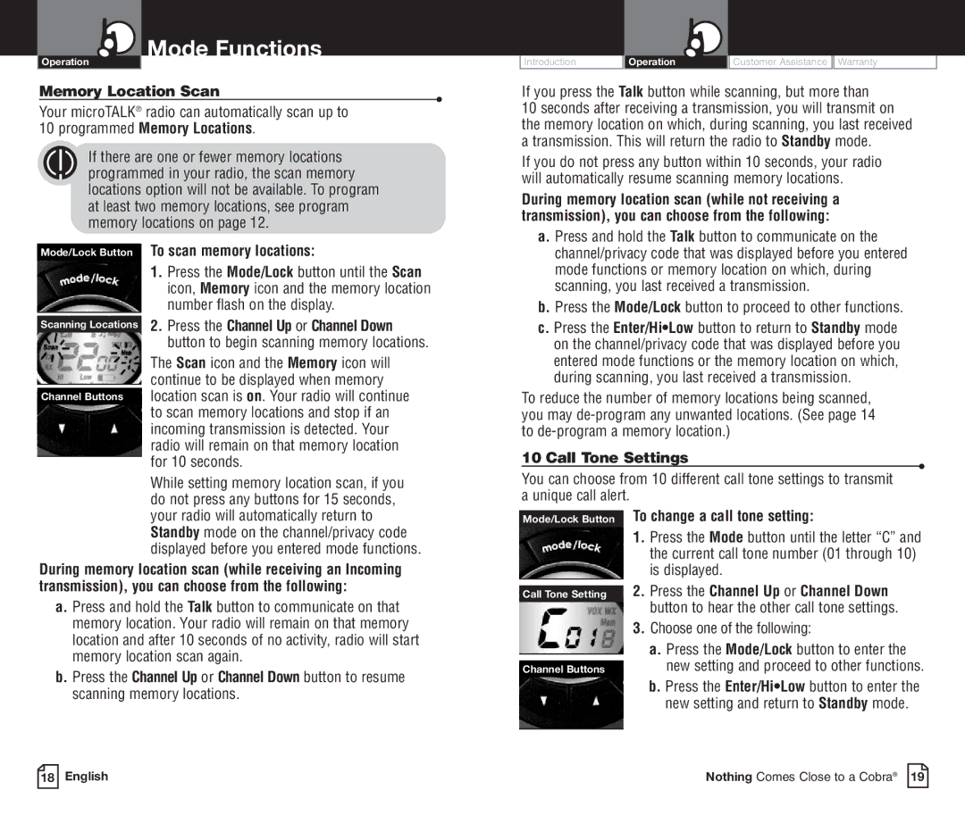 Cobra Electronics PR3850WXC owner manual Memory Location Scan, To scan memory locations, Call Tone Settings 