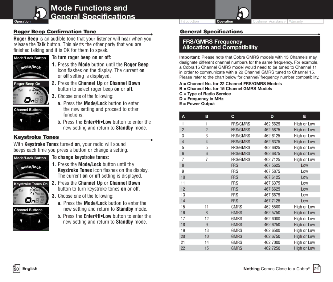 Cobra Electronics PR3850WXC owner manual Keystroke Tones, General Specifications, To change keystroke tones 