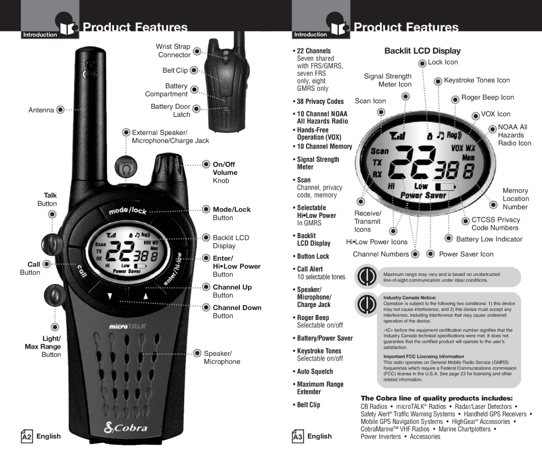 Cobra Electronics PR3850WXC owner manual Product Features, Backlit LCD Display 