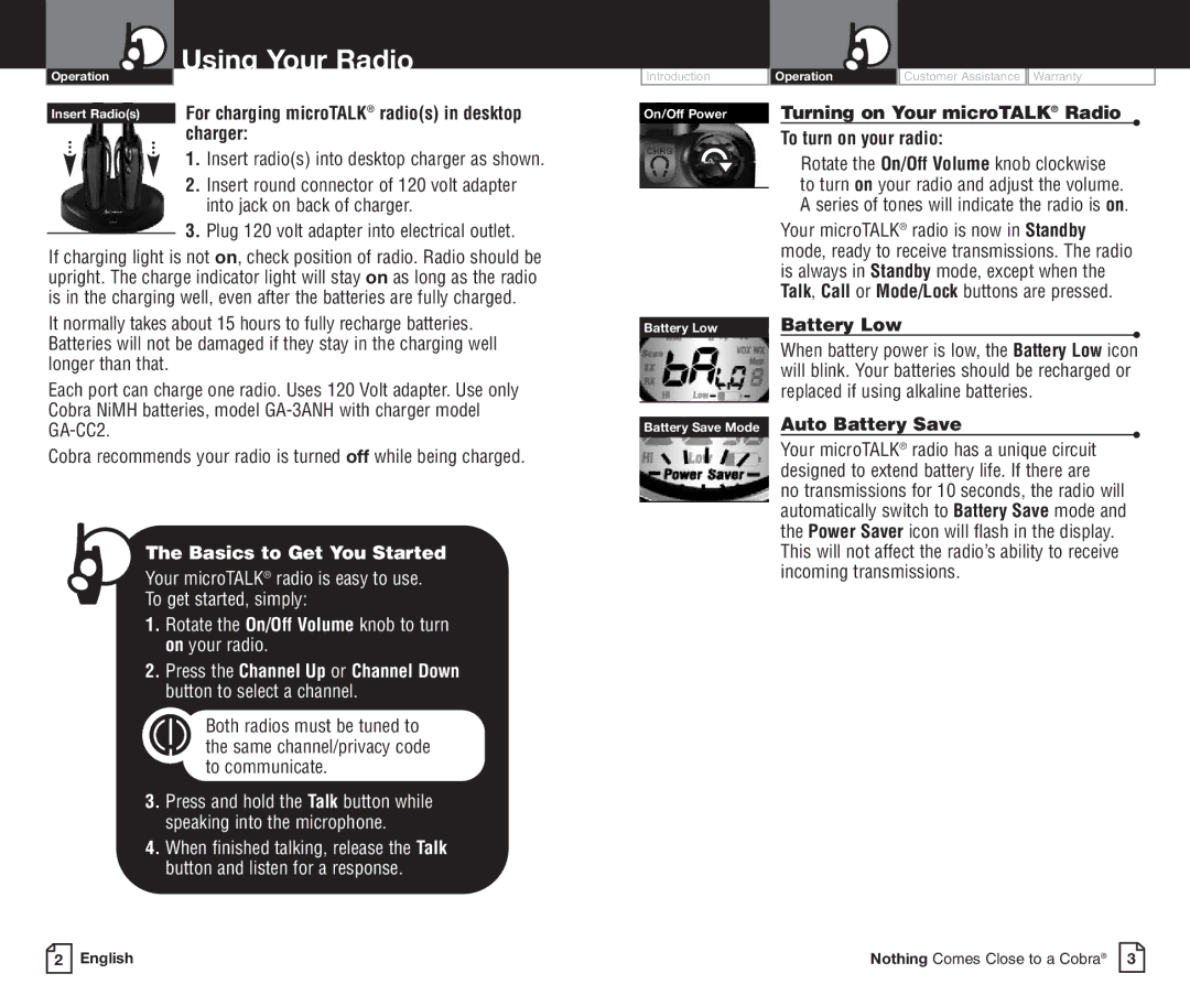 Cobra Electronics PR3850WXC Using Your Radio, Turning on Your microTALK Radio To turn on your radio, Auto Battery Save 