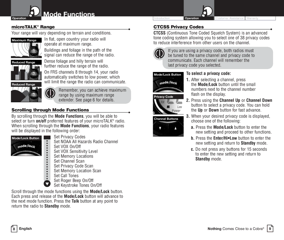 Cobra Electronics PR3850WXC owner manual Mode Functions 