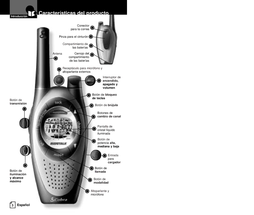 Cobra Electronics PR4000WX owner manual Características del producto, Transmisión, Llamada, Modalidad 