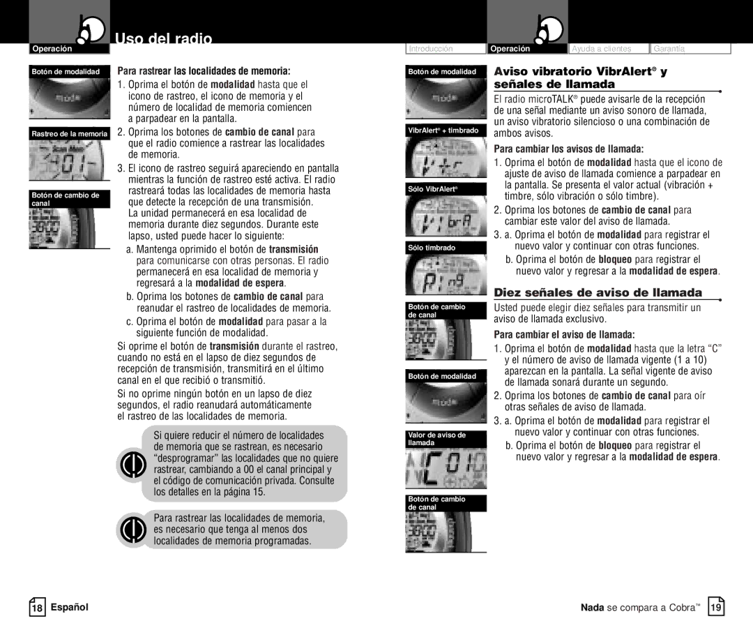 Cobra Electronics PR4000WX owner manual Aviso vibratorio VibrAlert y señales de llamada, Diez señales de aviso de llamada 