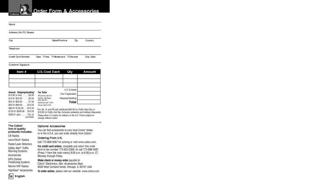 Cobra Electronics PR4250WX Order Form & Accessories, Total, Cobra line of quality products includes, Ordering From U.S 