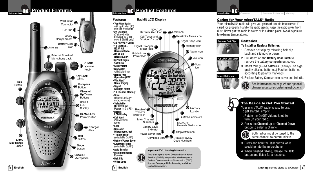 Cobra Electronics PR4250WX Product Features, Caring for Your microTALK Radio, Batteries To Install or Replace Batteries 