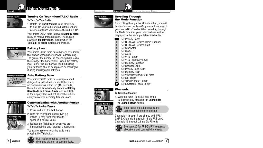 Cobra Electronics PR4250WX owner manual Using Your Radio, Scrolling Through Mode Function, Channels To Select a Channel 