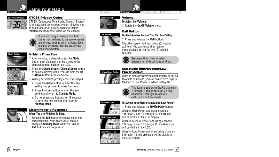 Cobra Electronics PR4250WX owner manual To Adjust the Volume, To Select a Privacy Code, Call Button 