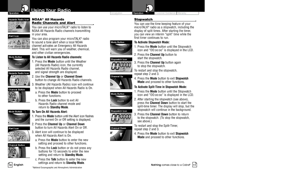 Cobra Electronics PR4250WX Radio Channels and Alert, To Activate Stopwatch Mode, Use the Channel Up or Channel Down 