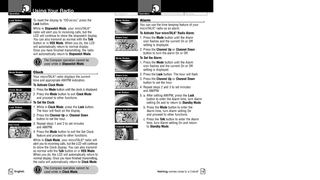 Cobra Electronics PR4250WX To Activate Clock Mode, To Set the Clock, To Activate Your microTALK Radio Alarm 