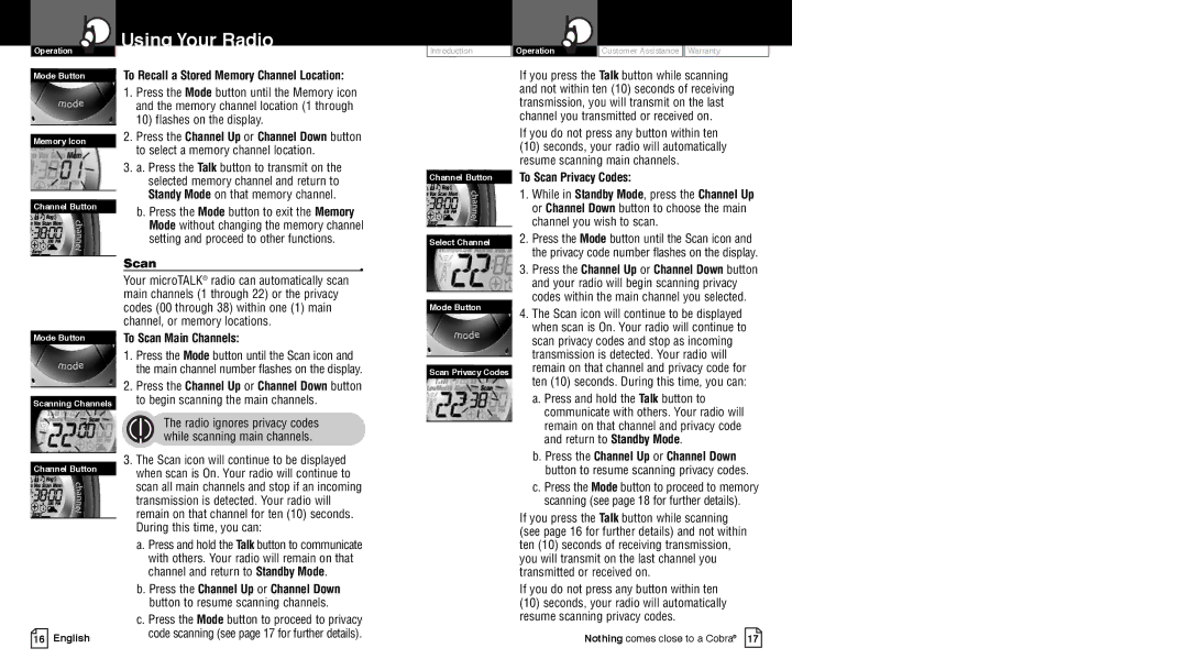 Cobra Electronics PR4250WX To Recall a Stored Memory Channel Location, To Scan Main Channels, To Scan Privacy Codes 