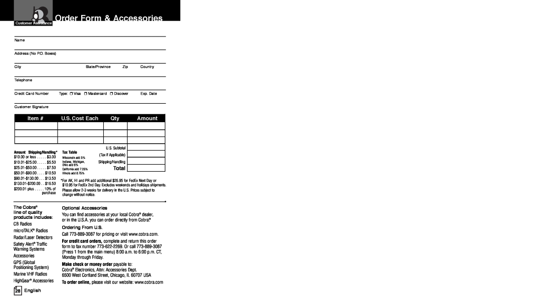 Cobra Electronics PR4250WX owner manual Order Form & Accessories, Item #, Amount, Total, U.S. Cost Each, Tax Table 
