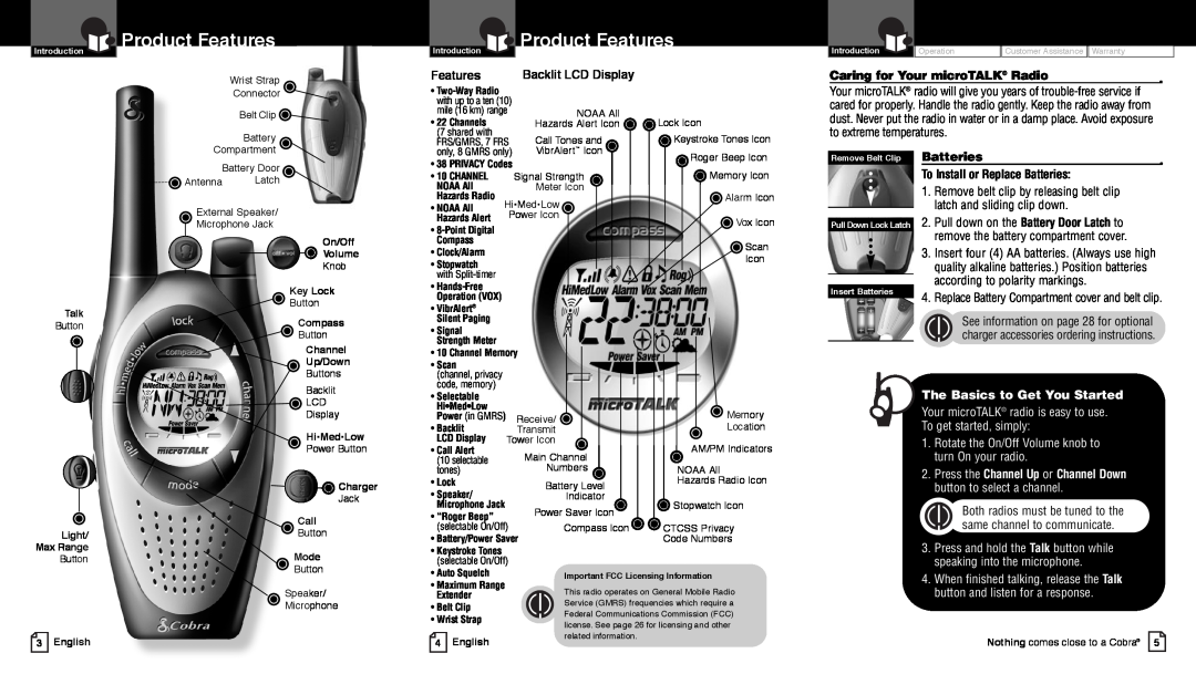 Cobra Electronics PR4250WX Product Features, Caring for Your microTALK Radio, To Install or Replace Batteries 