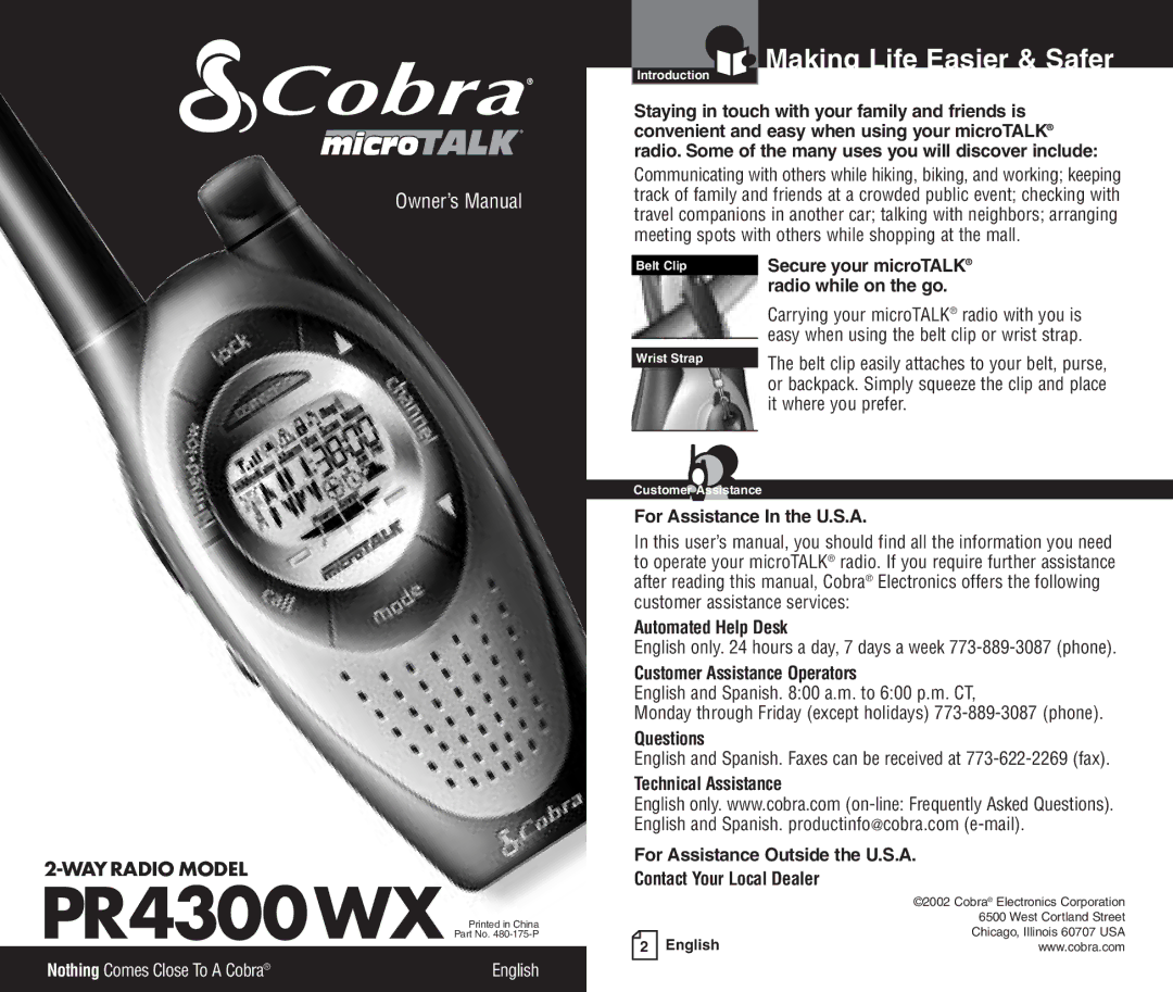 Cobra Electronics PR4300WX owner manual Making Life Easier & Safer 