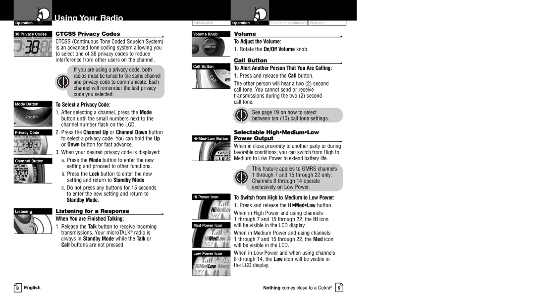 Cobra Electronics PR4300WX owner manual To Adjust the Volume, To Select a Privacy Code, Call Button 