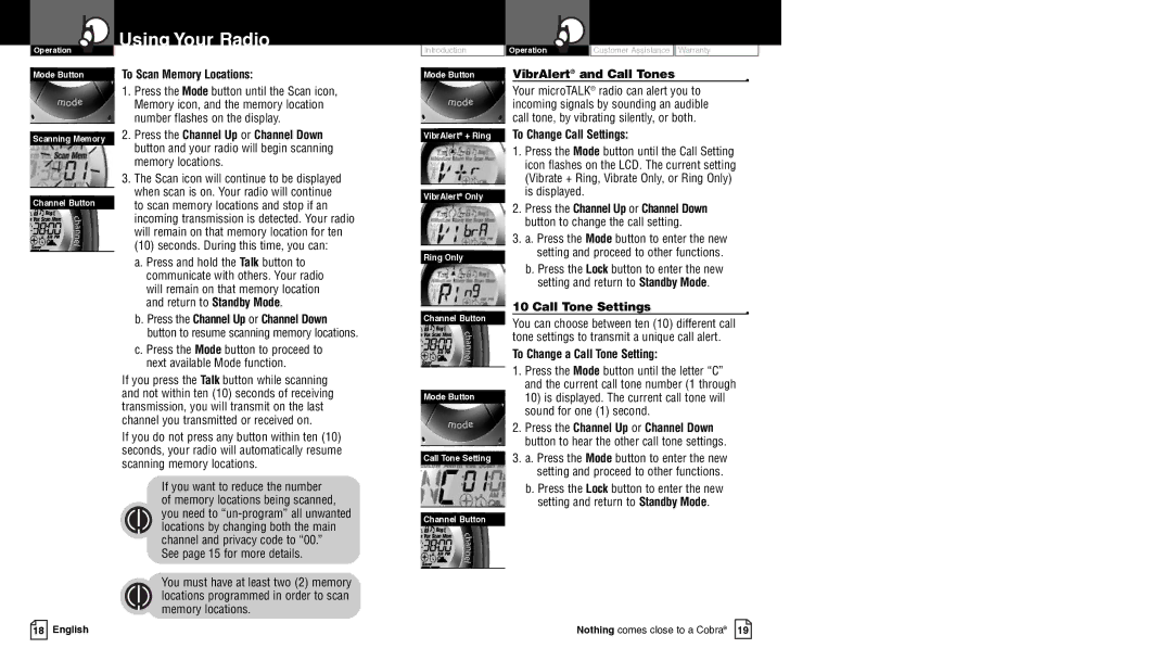 Cobra Electronics PR4300WX To Scan Memory Locations, VibrAlert and Call Tones, To Change Call Settings, Call Tone Settings 