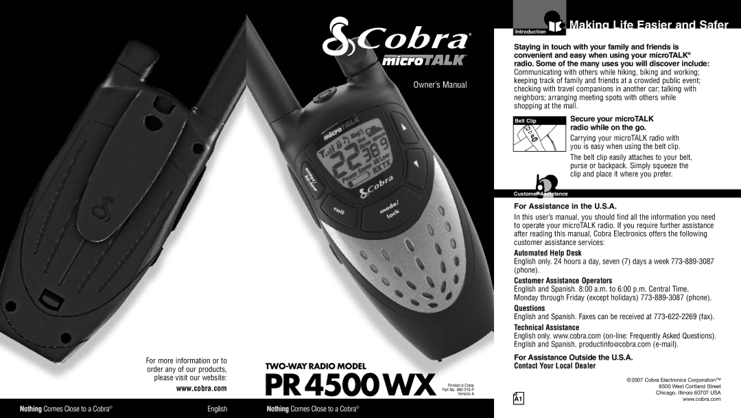 Cobra Electronics pr4500wx owner manual Making Life Easier and Safer, For Assistance in the U.S.A, Automated Help Desk 