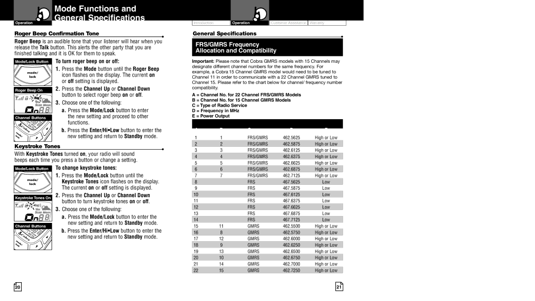 Cobra Electronics pr4500wx owner manual Keystroke Tones, General Specifications 