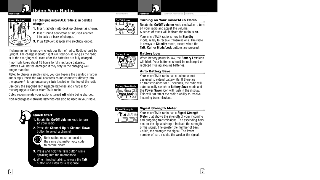 Cobra Electronics pr4500wx owner manual Using Your Radio, For charging microTALK radios in desktop charger, Battery Low 