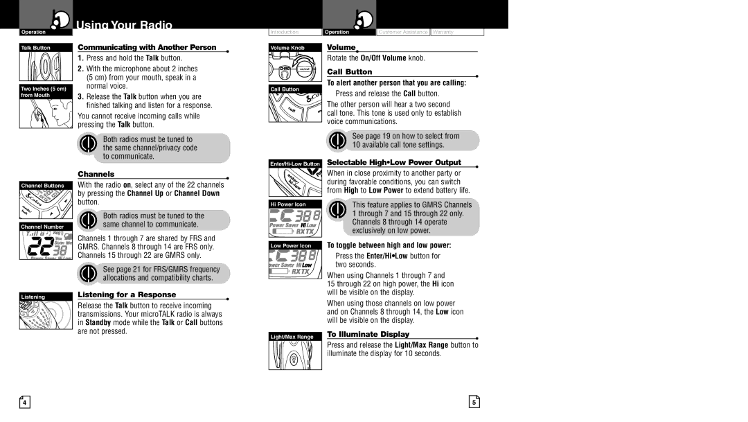 Cobra Electronics pr4500wx owner manual Communicating with Another Person, Volume, Selectable HighLow Power Output Channels 