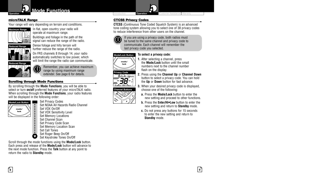 Cobra Electronics pr4500wx owner manual MicroTALK Range, Ctcss Privacy Codes, Scrolling through Mode Functions 