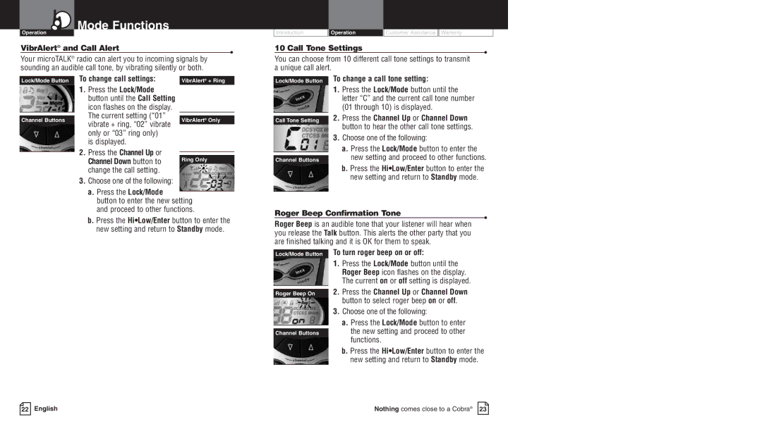 Cobra Electronics PR4700WX owner manual VibrAlert and Call Alert, Call Tone Settings, To change call settings 