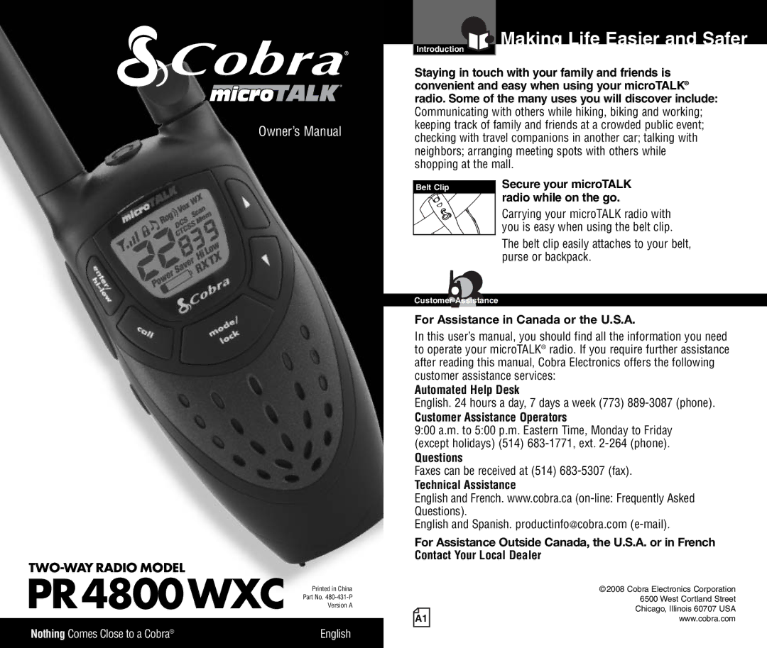 Cobra Electronics PR4800WXC owner manual Making Life Easier and Safer, For Assistance in Canada or the U.S.A, Questions 