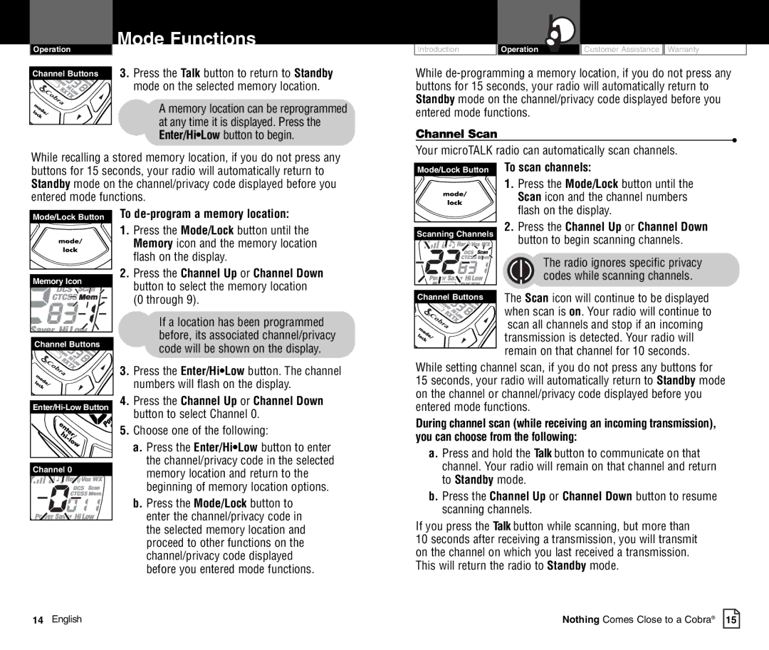 Cobra Electronics PR4800WXC Channel Scan, To scan channels, To de-program a memory location, Flash on the display 