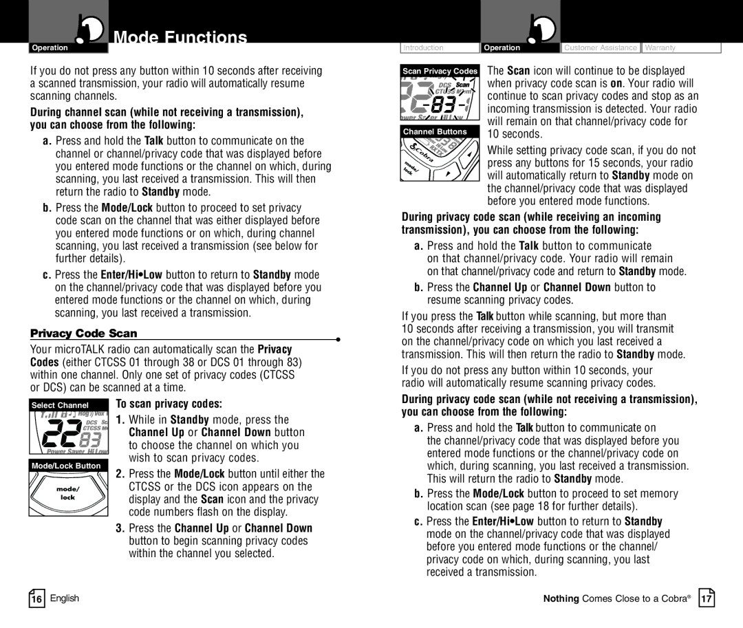 Cobra Electronics PR4800WXC owner manual Press the Mode/Lock button to proceed to set privacy, Privacy Code Scan 