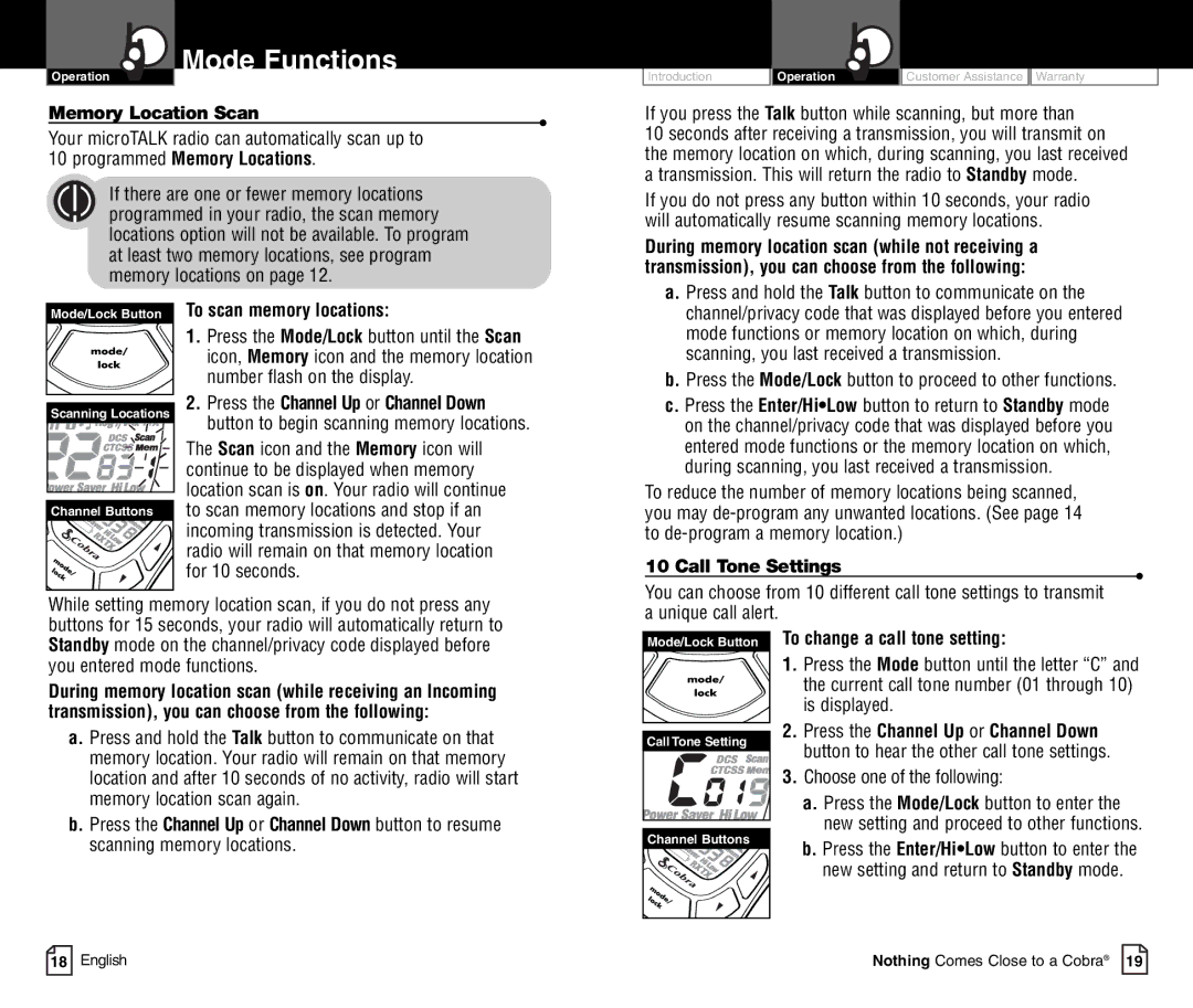 Cobra Electronics PR4800WXC owner manual Memory Location Scan, To scan memory locations, Call Tone Settings 