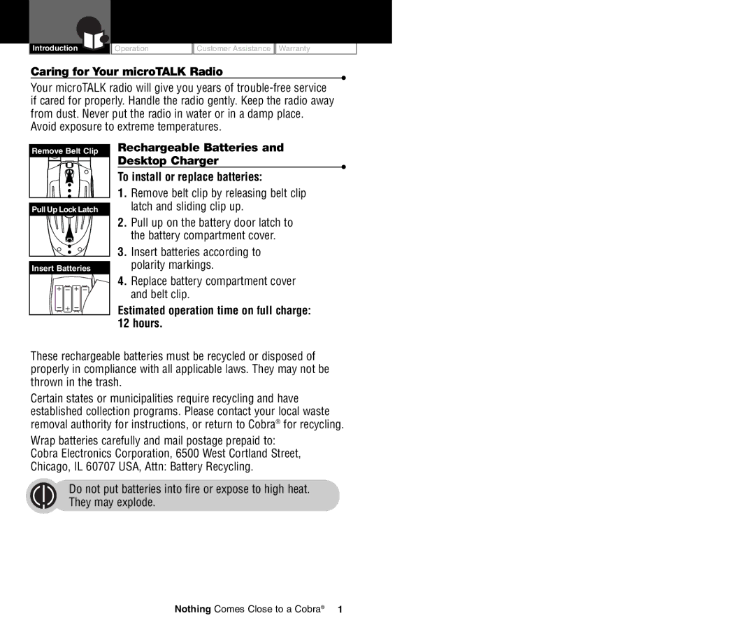 Cobra Electronics PR4800WXC owner manual Caring for Your microTALK Radio, Replace battery compartment cover and belt clip 