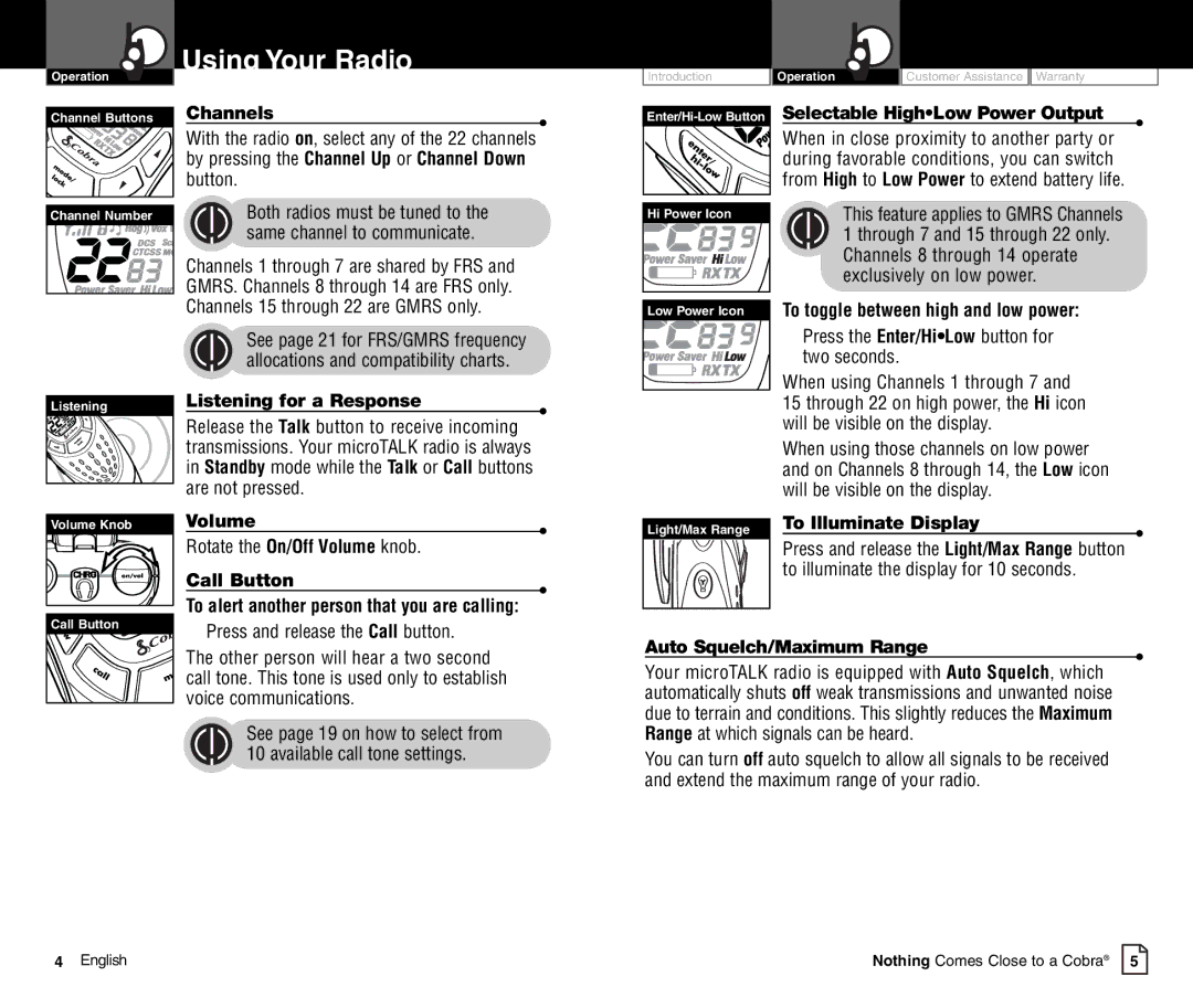 Cobra Electronics PR4800WXC Channels, Selectable HighLow Power Output, Listening for a Response, Volume, Call Button 