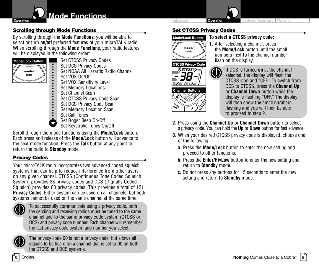 Cobra Electronics PR4800WXC owner manual Scrolling through Mode Functions, Privacy Codes 