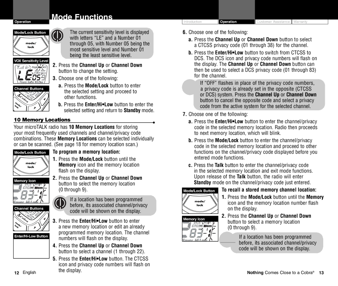 Cobra Electronics PR4800WXC Memory Locations, To program a memory location, To recall a stored memory channel location 