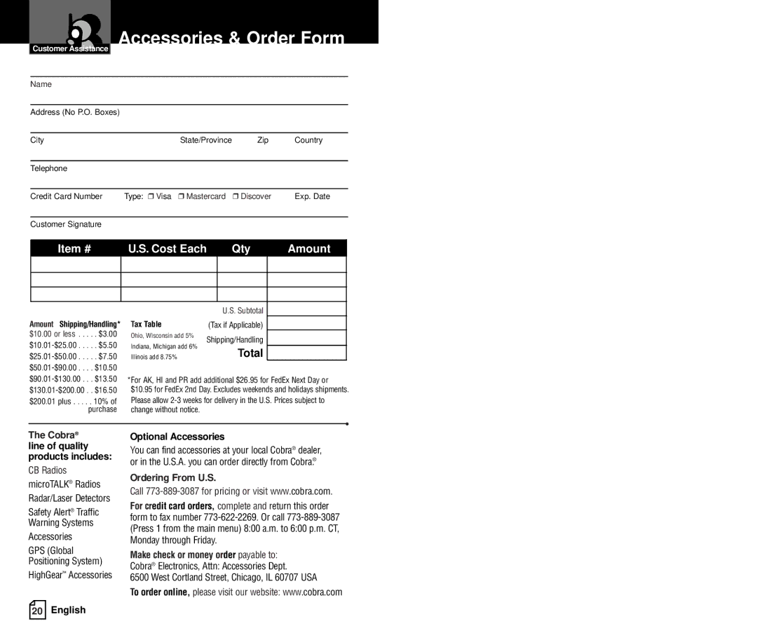 Cobra Electronics PR550WX Accessories & Order Form, Total, Cobra line of quality products includes, Ordering From U.S 