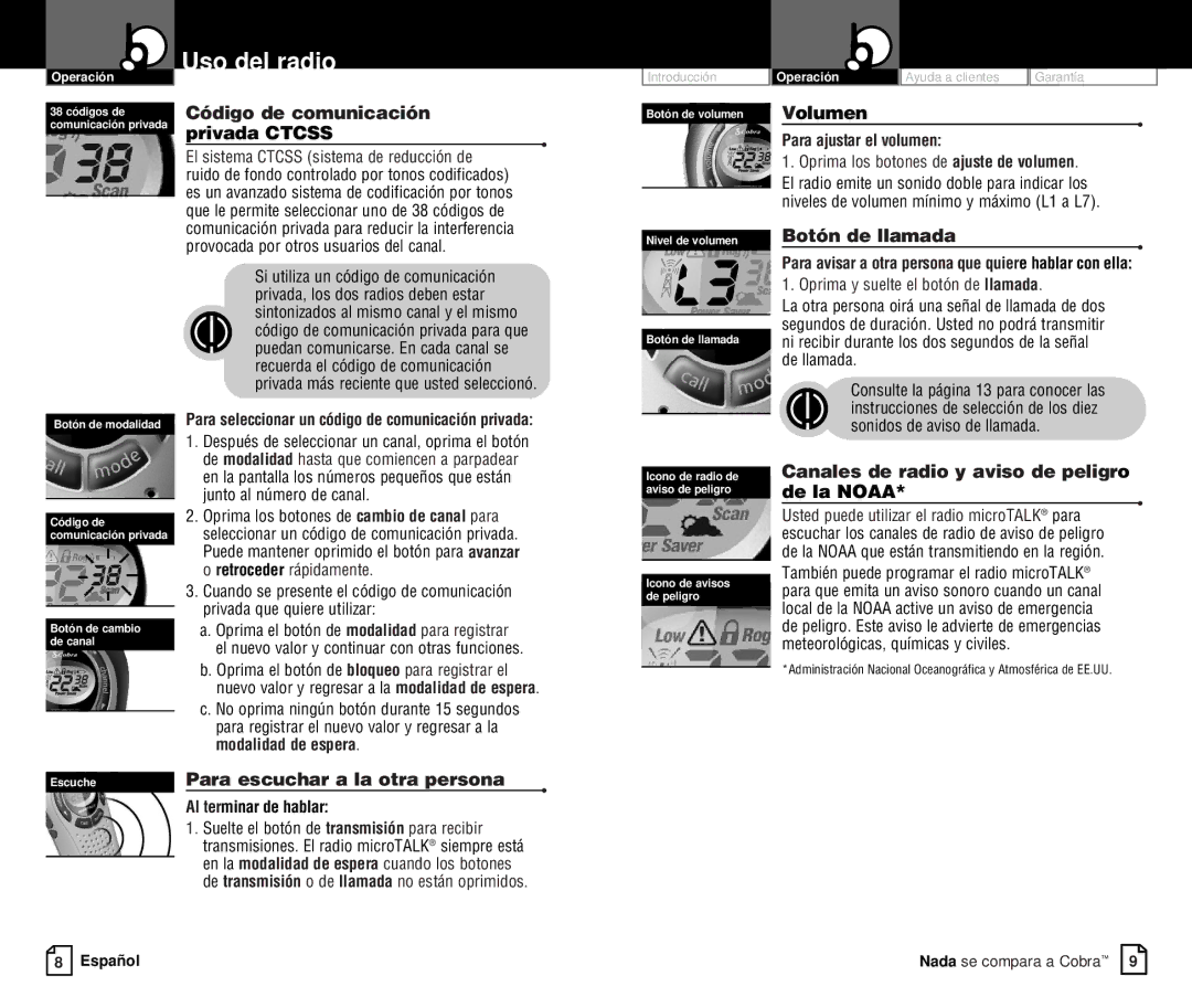 Cobra Electronics PR550WX Código de comunicación privada Ctcss, Volumen, Botón de llamada, Para escuchar a la otra persona 