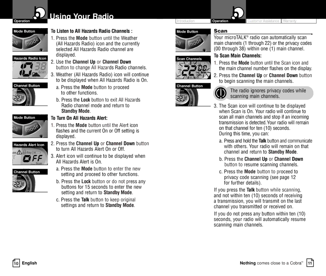 Cobra Electronics PR550WX owner manual To Listen to All Hazards Radio Channels, Use the Channel Up or Channel Down, Scan 