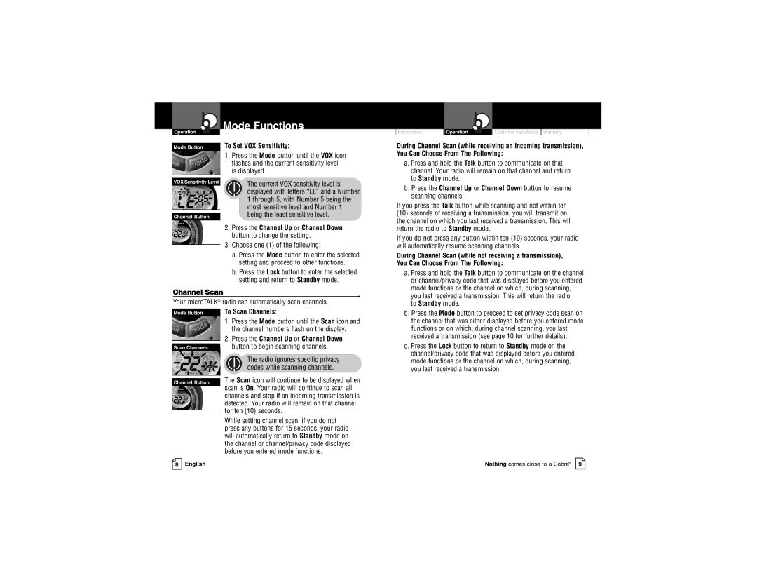 Cobra Electronics PR560WX owner manual To Set VOX Sensitivity, Channel Scan, To Scan Channels 