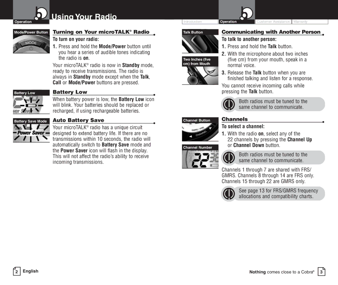 Cobra Electronics PR590WX owner manual Using Your Radio, Battery Low, Auto Battery Save, Channels To select a channel 