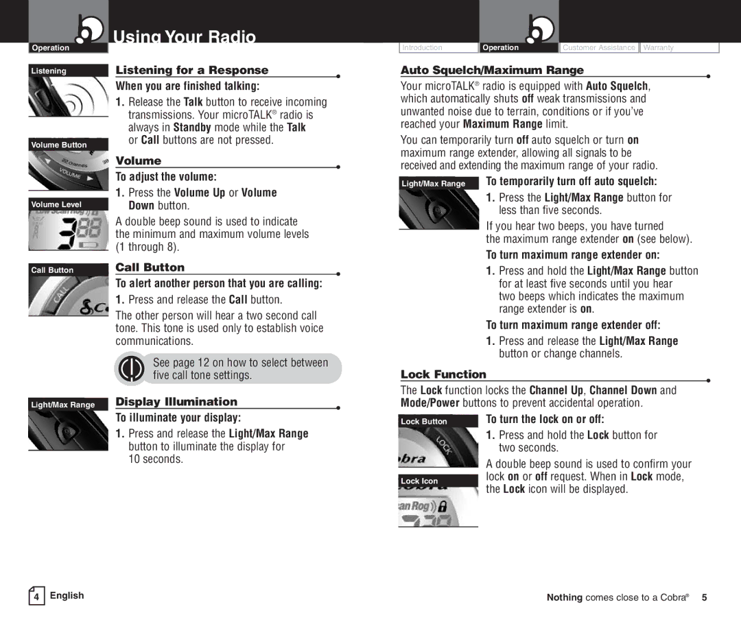 Cobra Electronics PR590WX owner manual Listening for a Response When you are finished talking, Auto Squelch/Maximum Range 