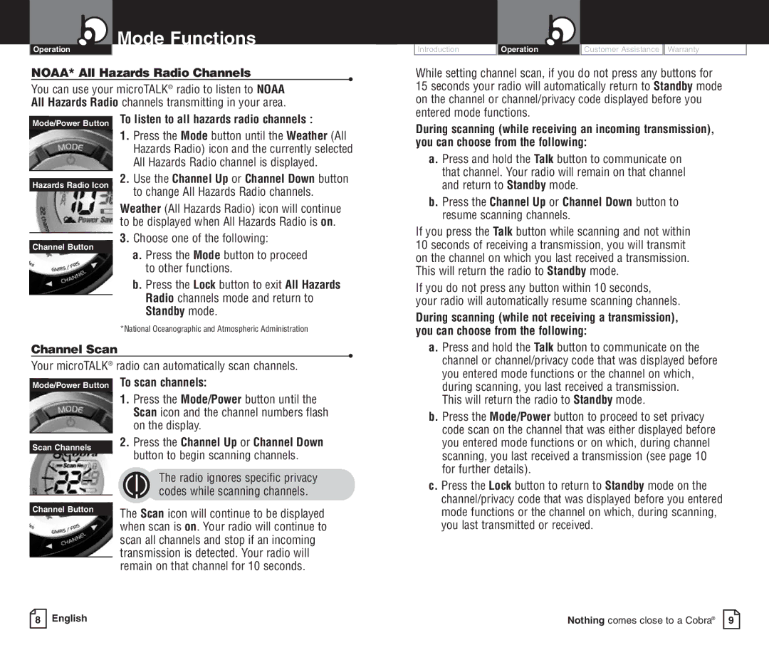 Cobra Electronics PR590WX Mode Functions, NOAA* All Hazards Radio Channels, To listen to all hazards radio channels 