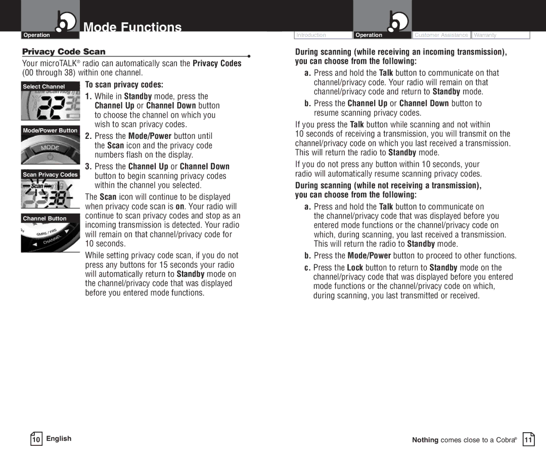 Cobra Electronics PR590WX Privacy Code Scan, Press and hold the Talk button to communicate on that, To scan privacy codes 