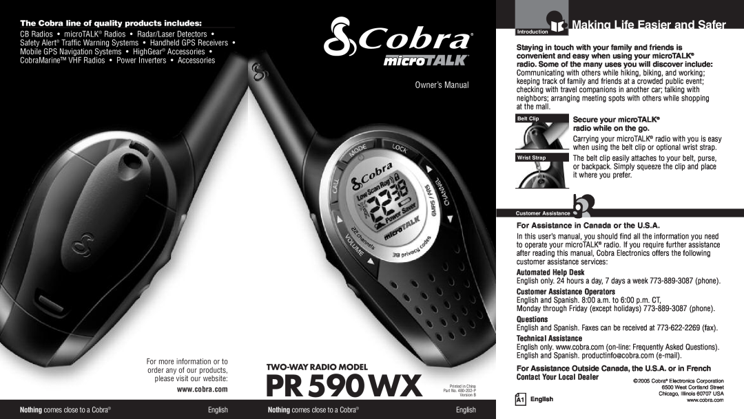 Cobra Electronics PR590WX owner manual Making Life Easier and Safer, The Cobra line of quality products includes, English 