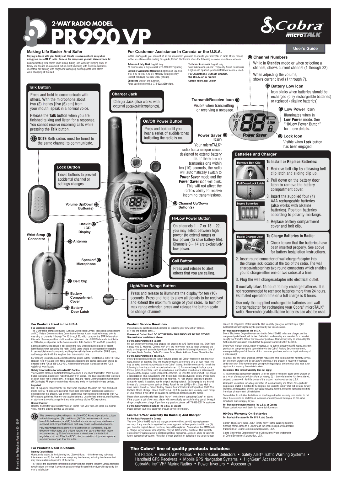 Cobra Electronics PR990VP warranty User’s Guide, Talk Button, Charger Jack, On/Off Power Button, Batteries and Charger 