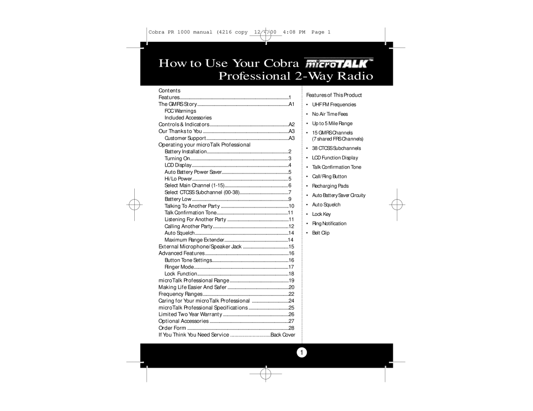 Cobra Electronics Professional 2-WAY RADIO specifications How to Use Your Cobra Professional 2-Way Radio, Contents 