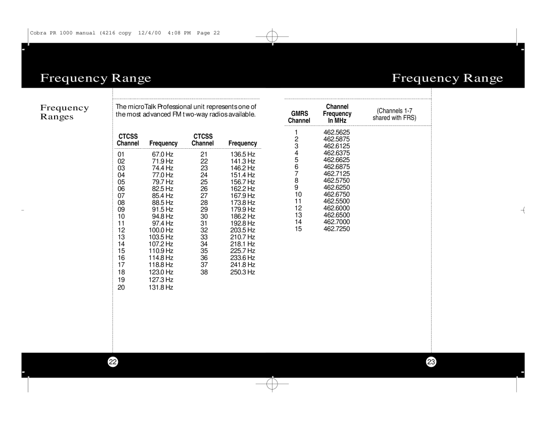 Cobra Electronics Professional 2-WAY RADIO specifications Frequency Ranges 