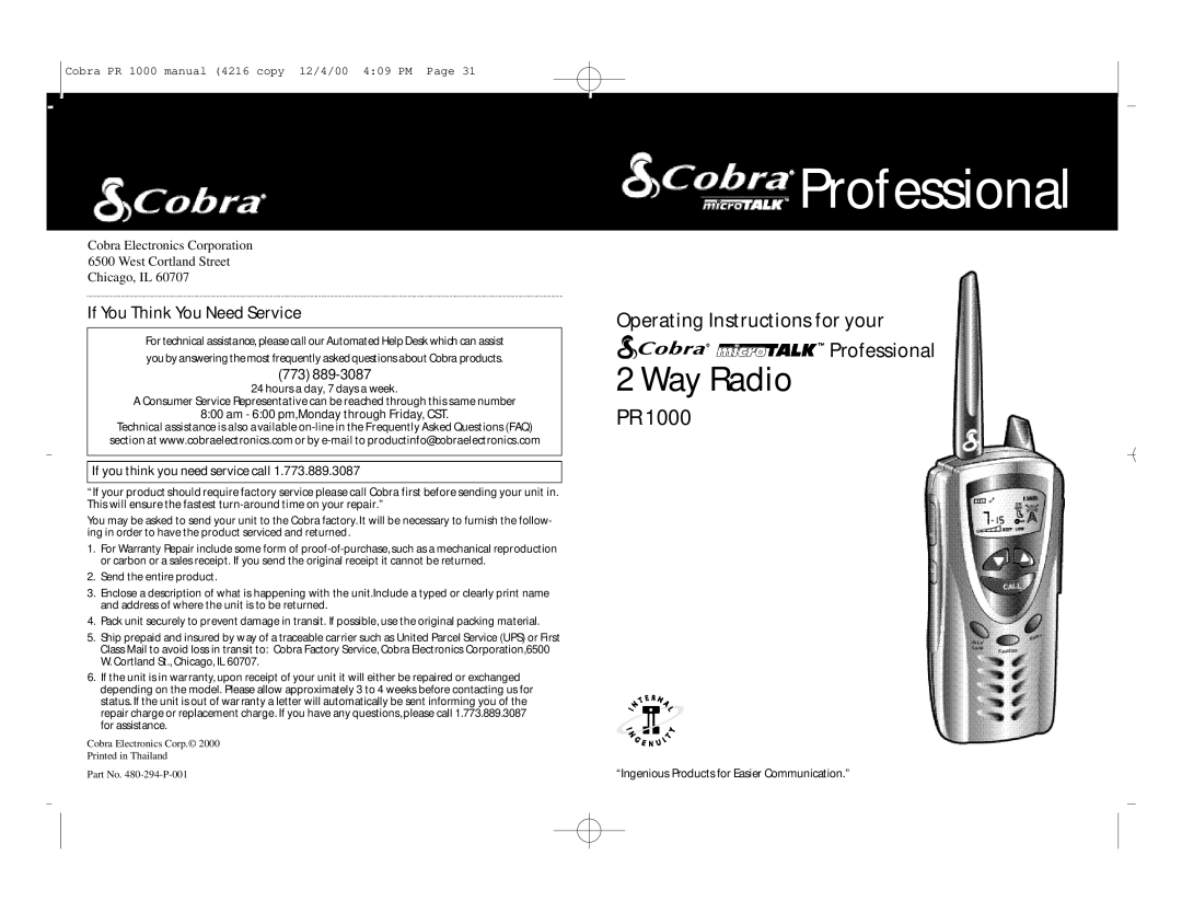 Cobra Electronics Professional 2-WAY RADIO specifications If You Think You Need Service, 773 