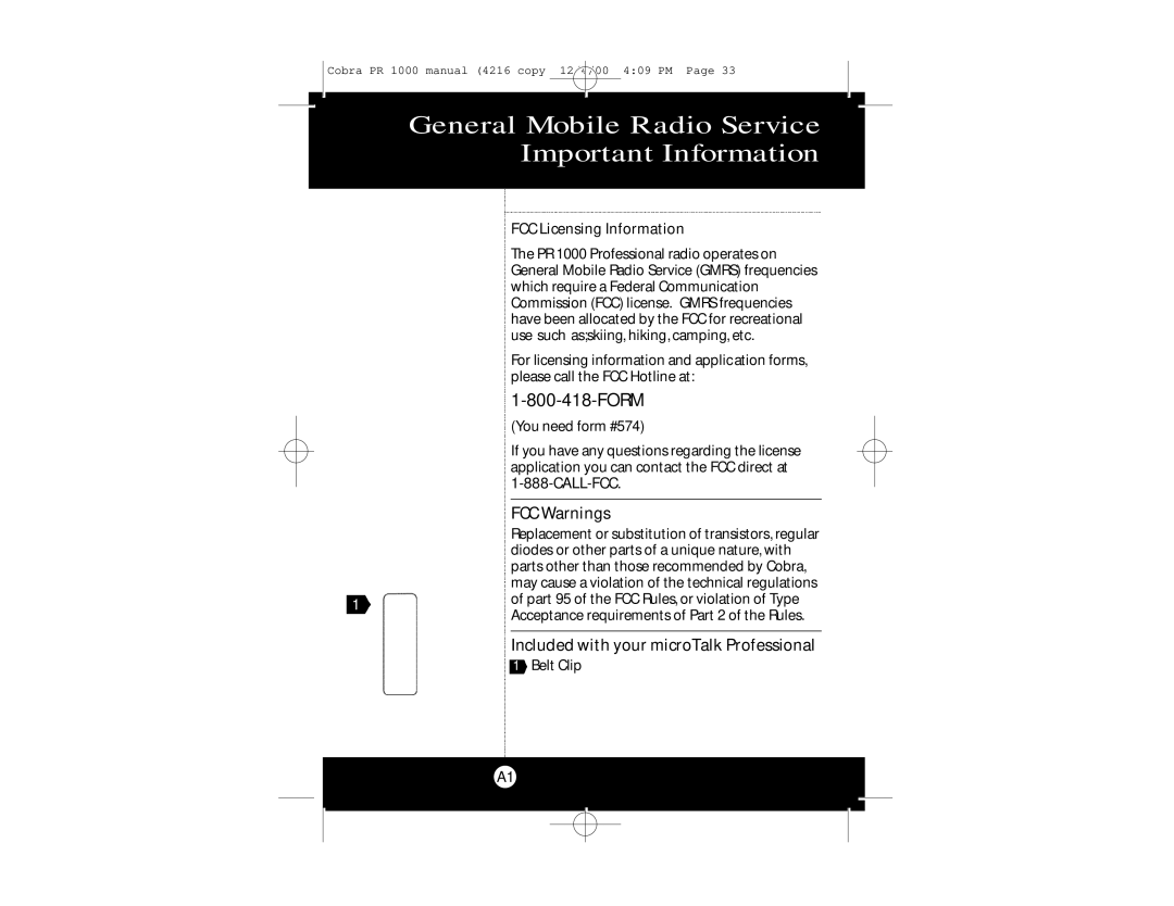 Cobra Electronics Professional 2-WAY RADIO specifications General Mobile Radio Service Important Information, FCC Warnings 