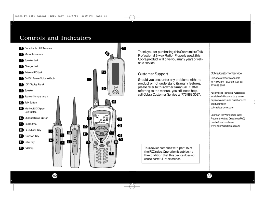 Cobra Electronics Professional 2-WAY RADIO specifications Controls and Indicators, Customer Support 